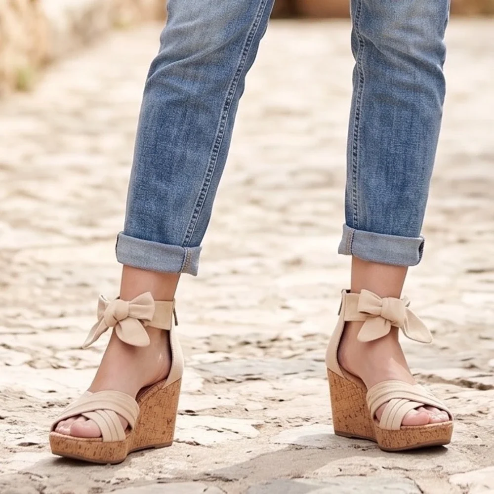 UGG Espadrille Wedge Sandals Womens 9 Cream Bow Ankle Strap Cork Jute Summer